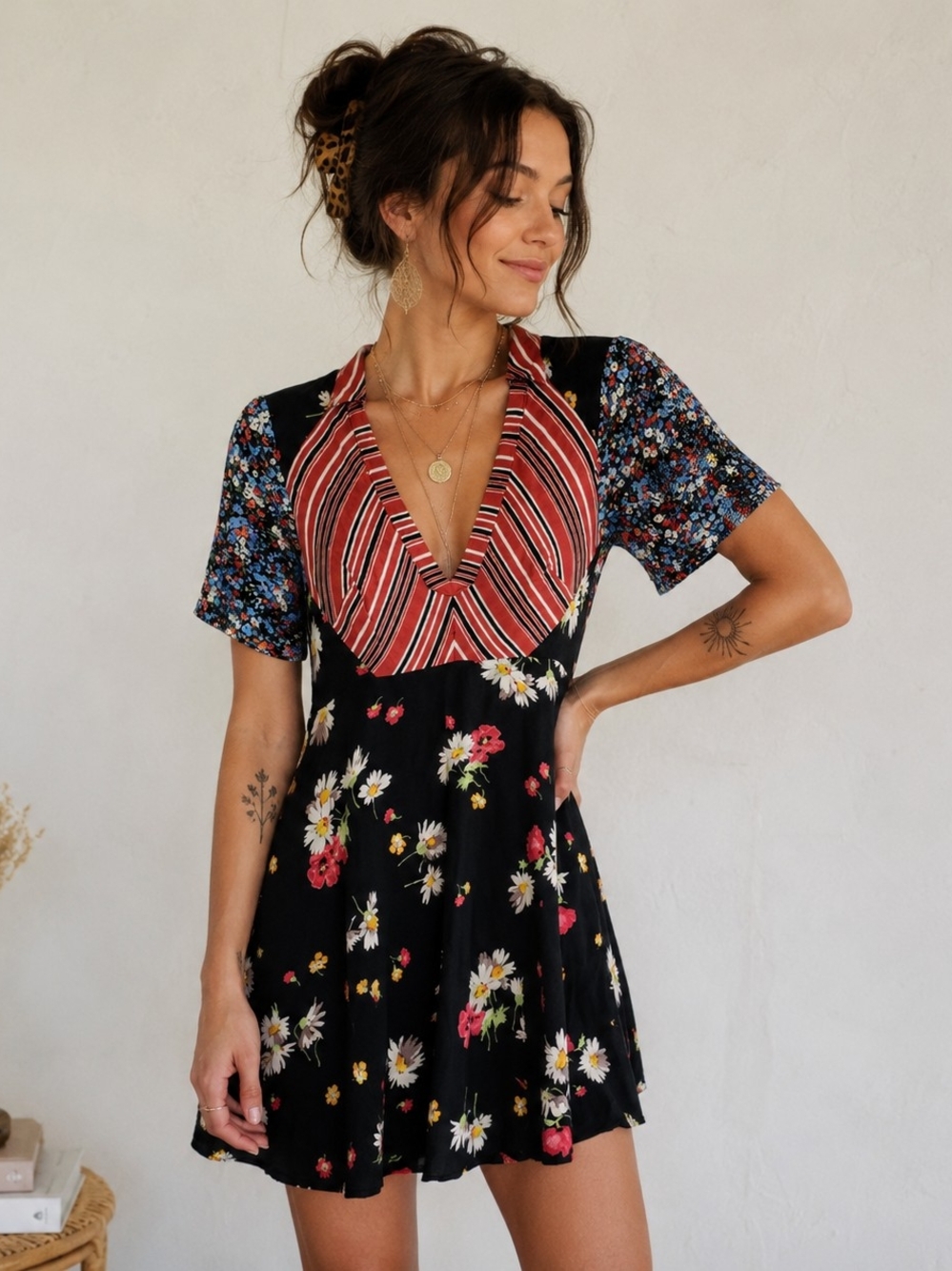 Floral Black V-Neck Short Sleeve Dress with Red Stripe Detail